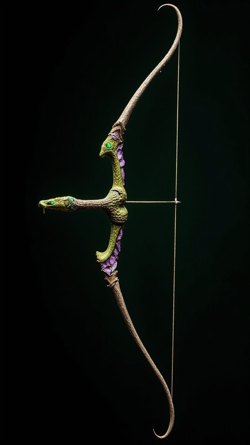 A vertical digital illustration of a fantasy bow with two green snake heads forming the handle and an arrow nocked on the string against a black background.