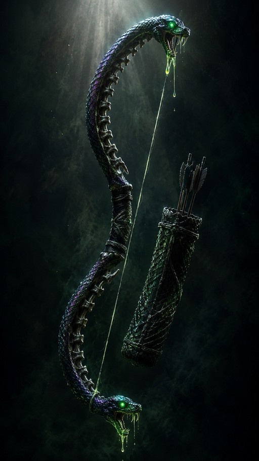 A fantasy illustration of a bow made from a large serpent with glowing green eyes and dripping saliva, accompanied by a matching quiver of arrows.