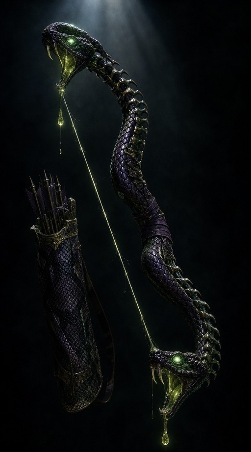 A fantasy illustration of a bow made from two snakes with glowing green eyes and dripping venom, next to a scale-patterned quiver.