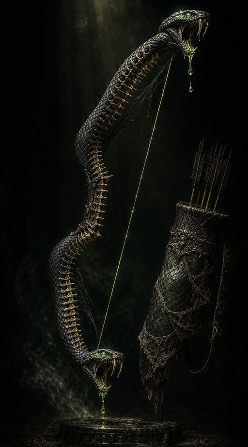 A large two-headed snake with scales and fangs forms a bow shape while holding the string in its mouths, next to a quiver of arrows.
