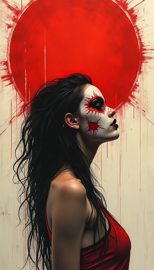 A woman with long black hair and white face paint featuring red designs looks up in profile against a large red sun background.