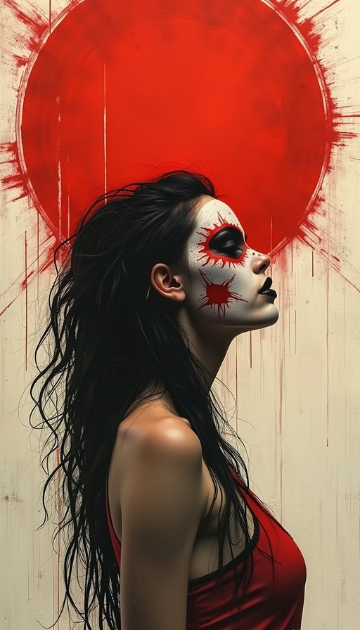 A woman with long black hair in profile wearing white face paint with red splatter designs against a large red sun.