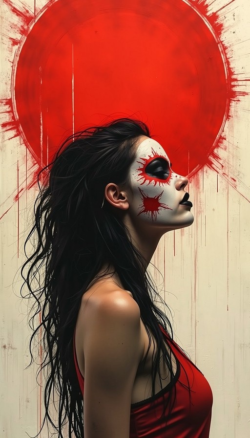 A woman with long black hair stands in profile against a large red sun, her face painted white with striking red splatter designs resembling blood or a stylized sun.