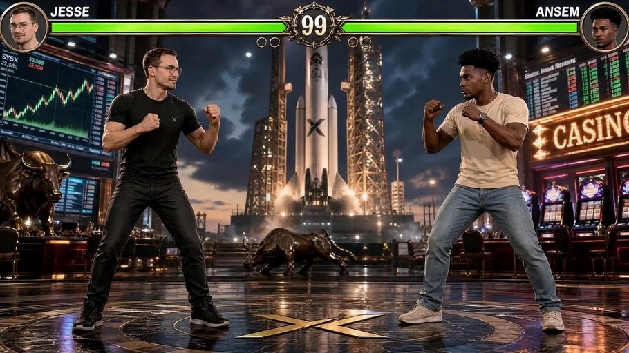 A 3D fighting game scene showing Jesse and Ansem battling in front of a rocket launchpad and casino, with health bars at the top.