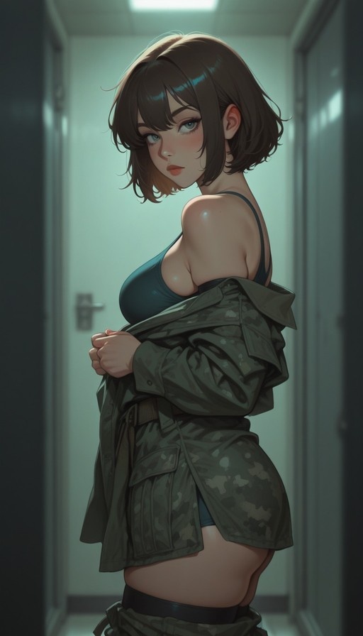 A young woman with short brown hair and blue eyes stands in a hallway, looking back over her shoulder while holding open a camouflage jacket. She wears a dark tank top, camo pants, and black thigh-high socks, blushing slightly as she gazes at the viewer.