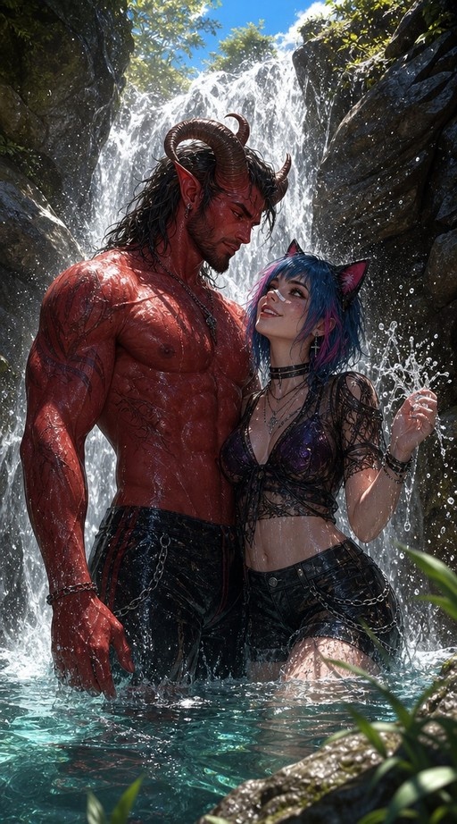 A red-skinned horned demon and a blue-haired cat-girl standing together in a waterfall pool.