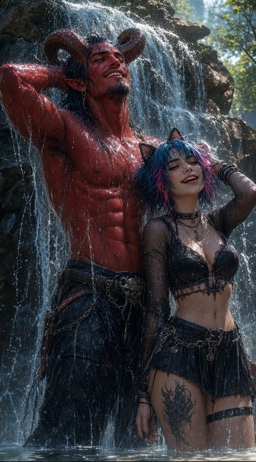 A red-skinned male demon with large curved horns stands next to a smiling female character with cat ears and blue-pink hair under a waterfall. Both are wet, and the woman wears a black outfit with visible thigh tattoos.