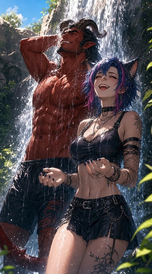 Muscular red-skinned demon with curved horns and tattooed cat-eared woman stand together under a rushing waterfall in a rocky outdoor setting.