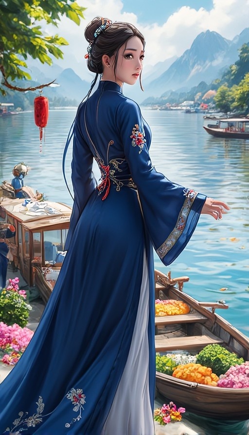 A woman in a blue traditional dress looks back at the viewer while standing next to a boat on a lake with mountains in the background.