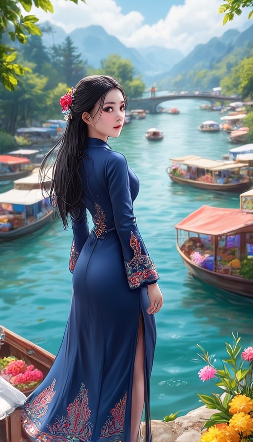 A young woman with long black hair and a red flower stands on a boat looking back, wearing a blue traditional dress with embroidery, against a backdrop of a river with boats and mountains.