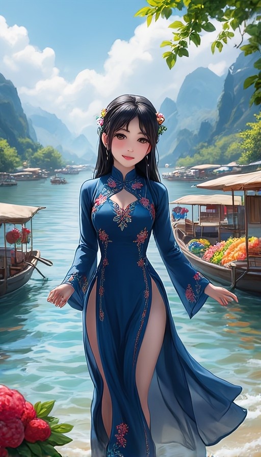 A digital illustration of a young woman with long black hair wearing a blue traditional dress with floral embroidery and high side slits, standing by a river with boats and mountains in the background.