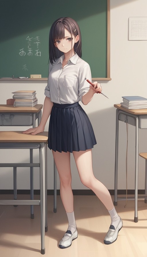 Anime-style illustration of a young woman in a school uniform standing in a classroom holding a red pen.