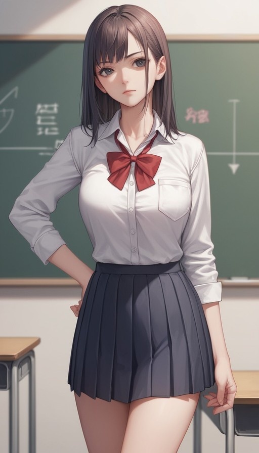A young woman with long brown hair stands in a classroom wearing a white collared shirt, red bow tie, and dark pleated skirt, posing with one hand on her hip in front of a green chalkboard.