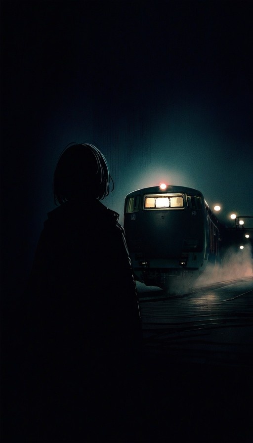 A silhouette of a girl with short hair and a coat stands on the left, facing away from the viewer towards an approaching train at night. The train's headlights cut through the darkness and mist, illuminating the tracks and creating a moody, atmospheric scene.