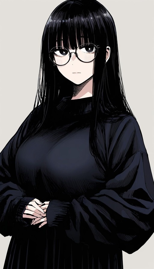 Digital illustration of an anime girl with long black hair and round glasses wearing a black sweater.