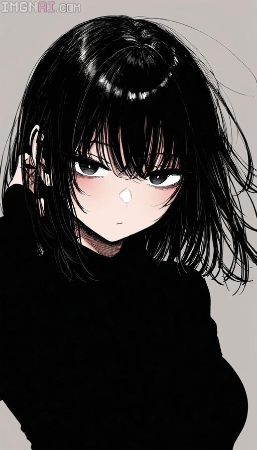 An illustration of a young woman with black hair and dark eyes wearing a black sweater, looking at the viewer while touching her hair.