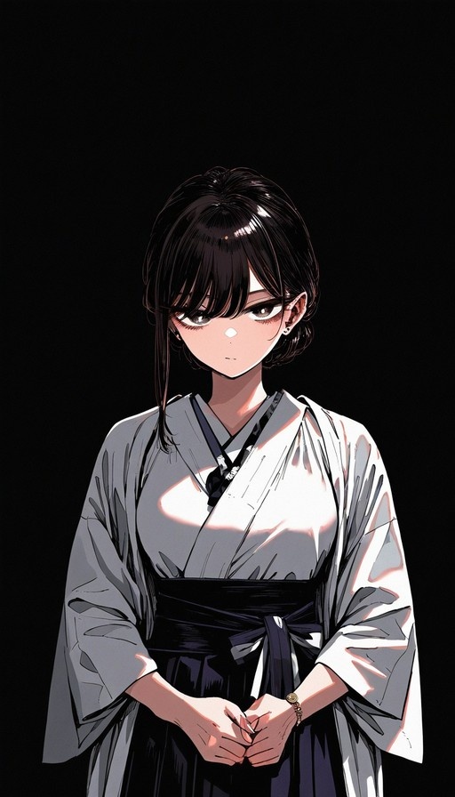 Anime-style portrait of a young woman with black hair wearing a white kimono and dark hakama against a black background.