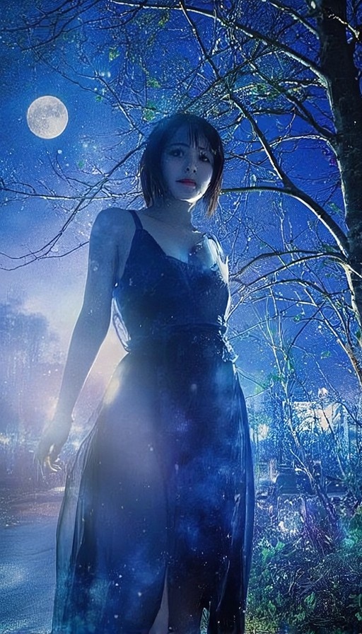 A young woman with short black hair in a sleeveless dark dress stands under a full moon at night among trees.