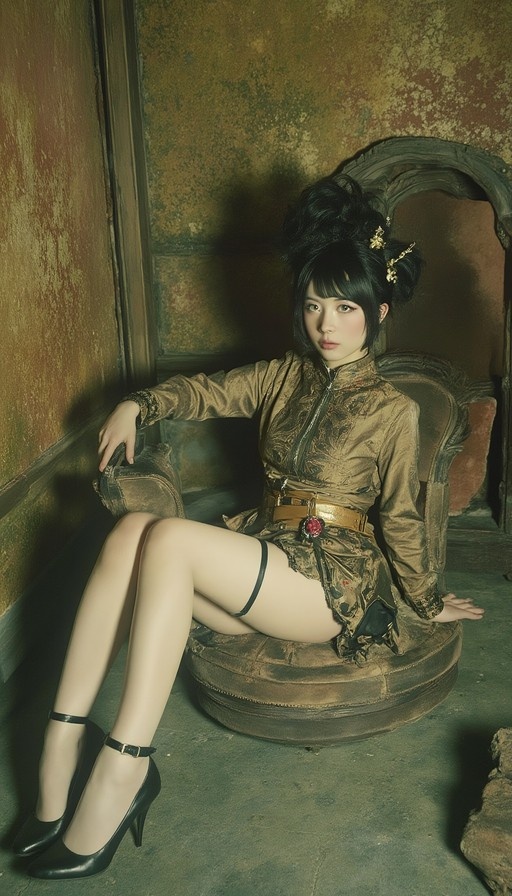 A woman with black hair in an elaborate updo sits on a worn velvet chair, wearing a gold patterned long-sleeved dress and black high heels.