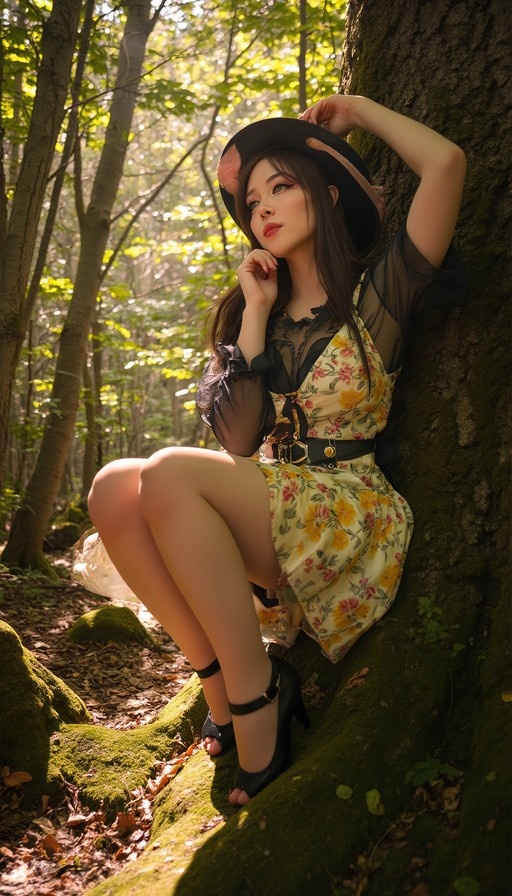 A young woman in a yellow floral dress and black hat sits on mossy rocks against a large tree in a sunlit forest.