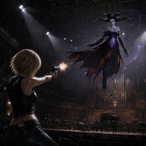 Aya Brea firing a handgun at the floating entity Eve inside a dimly lit concert hall with stage lights and an organ.
