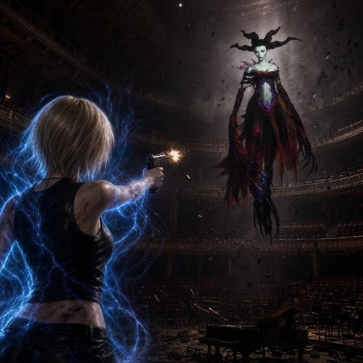 Aya Brea firing a handgun at the floating horned monster Eve inside a ruined theater with blue electricity.