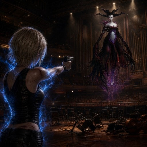 Aya Brea aiming her handgun at the floating Eve monster in a dark concert hall with blue electricity effects