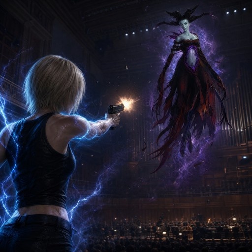 Ayaka Brea firing a pistol at the floating parasite Eve inside an opera house with an orchestra below.