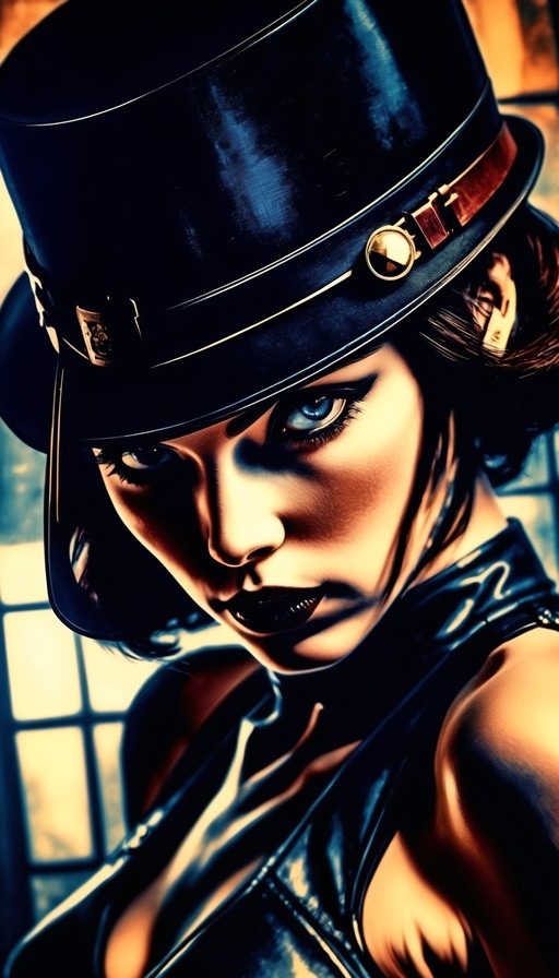 A close-up portrait of a woman with short dark hair and blue eyes wearing a large black top hat and shiny outfit in a western comics art style.