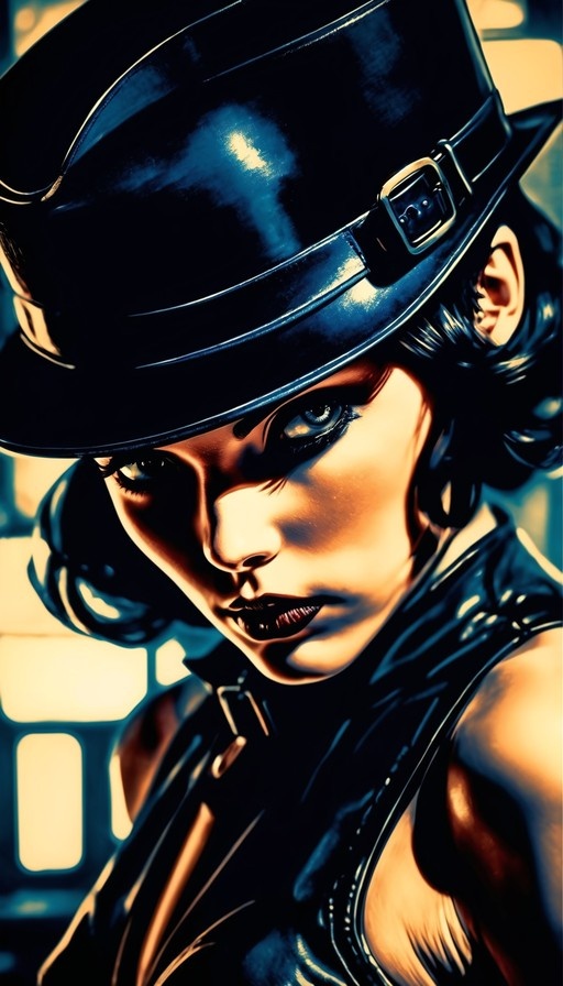 Close-up portrait of a woman with short dark hair and blue eyes wearing a shiny black hat in a high-contrast comic book style.