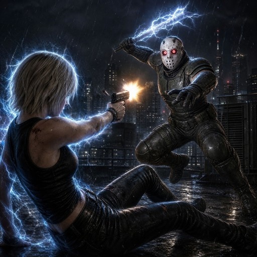 A blonde woman in a black tank top fires a handgun at a masked warrior with an electrified sword on a rainy city rooftop.