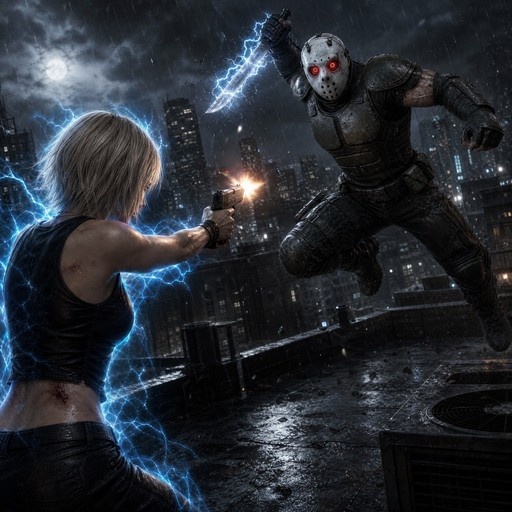 A blonde woman in a black tank top shoots a gun at a large masked figure jumping with an electrified sword on a wet city rooftop at night.