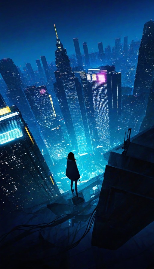 A silhouette of a girl standing on a rooftop overlooking a vast cyberpunk city at night with tall skyscrapers and blue neon lights.