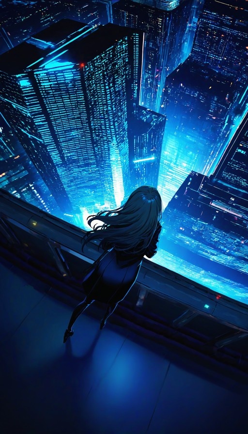 A woman with long dark hair stands on a high vantage point looking out over a futuristic city filled with blue lights.