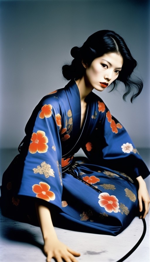 A realistic portrait of an Asian woman with dark hair wearing a blue kimono with orange floral patterns, sitting on the floor and looking at the viewer.