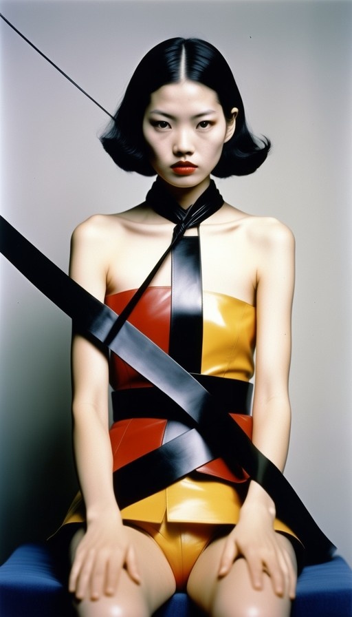 A realistic portrait of a woman with short black hair wearing a strapless red and yellow outfit bound by a wide black harness across her chest.