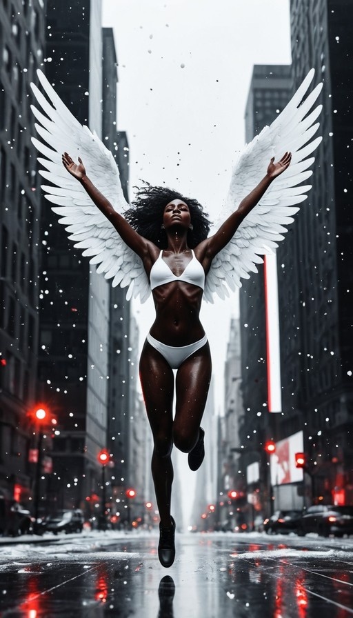A dark-skinned woman with large white angel wings and a white bikini leaps into the air on a wet, snow-covered city street lined with tall buildings and red traffic lights.