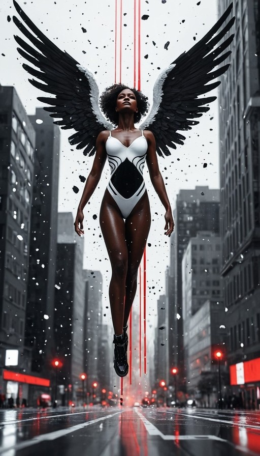 A dark-skinned woman with large black wings floats above a wet city street in a white and black bodysuit.