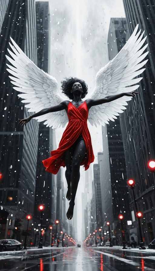 A dark-skinned woman with large white wings floats above a wet city street wearing a red dress while snow falls around tall buildings.