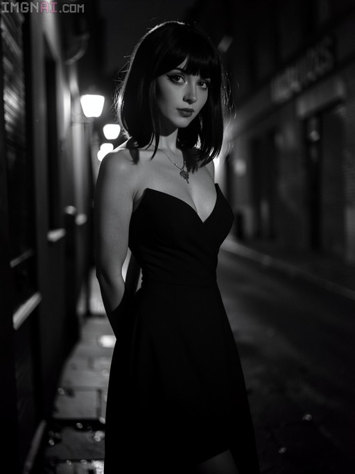 A black and white photograph of a woman with short dark hair wearing a black strapless dress standing in an alley at night.