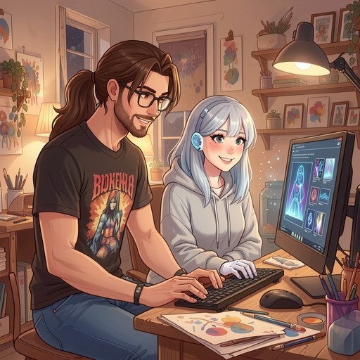 A digital illustration shows a smiling man with glasses and a ponytail sitting beside a silver-haired woman wearing headphones at a computer desk in a warm, art-filled studio.