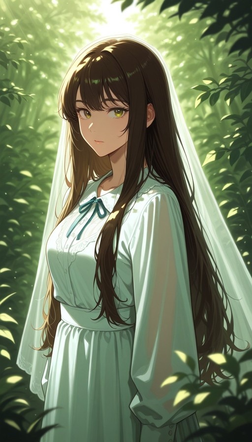 An anime-style illustration of a young woman with long brown hair and yellow eyes wearing a white dress and veil in a sunlit forest.