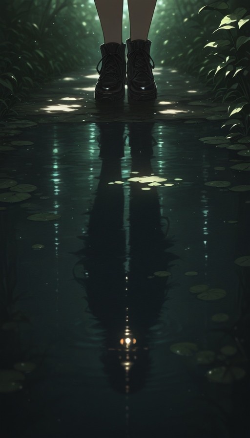 A pair of legs in black boots standing in a pond with lily pads, reflecting on the water surface under dappled sunlight.