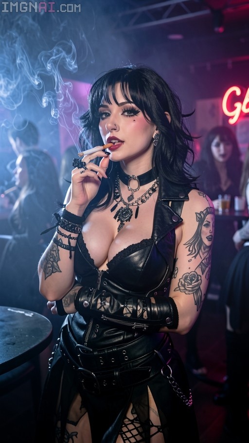 A tattooed woman in a black leather goth outfit smokes a cigarette in a dimly lit bar with neon signs.