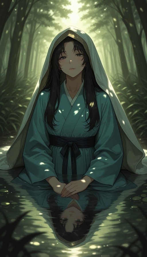 A young woman with long dark hair wearing a white hood and teal robe sits in a forest stream, her face and upper body reflected clearly in the calm water below.