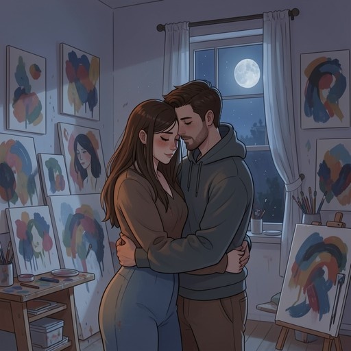A digital illustration of a man and woman embracing in an art studio filled with paintings, with a full moon visible through the window behind them.