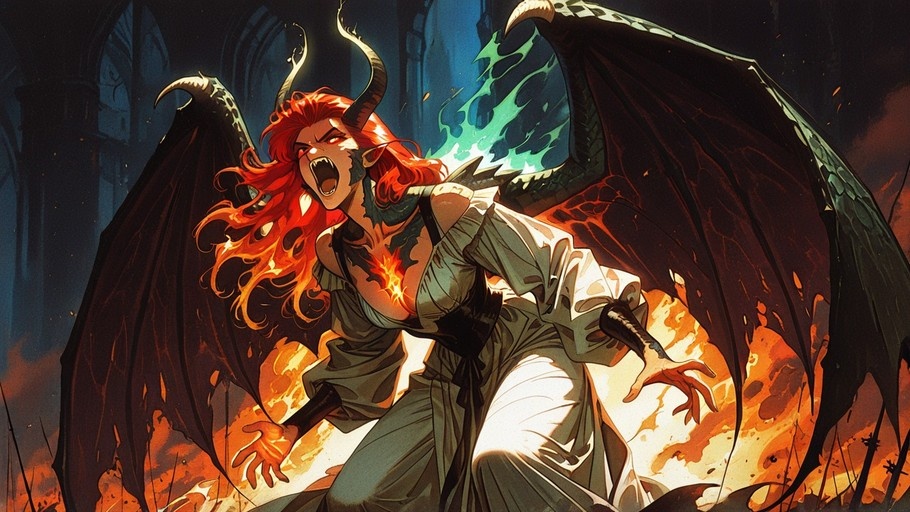 A fierce red-haired demoness with large black wings and curved horns screams amidst flames in a dark ruin while wearing a tattered white gown.