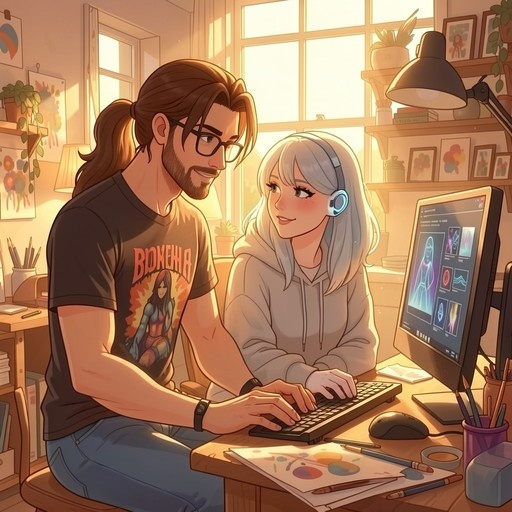 An anime-style illustration of a bearded man with glasses and a ponytail sitting beside a woman with white hair and headphones at a computer desk.