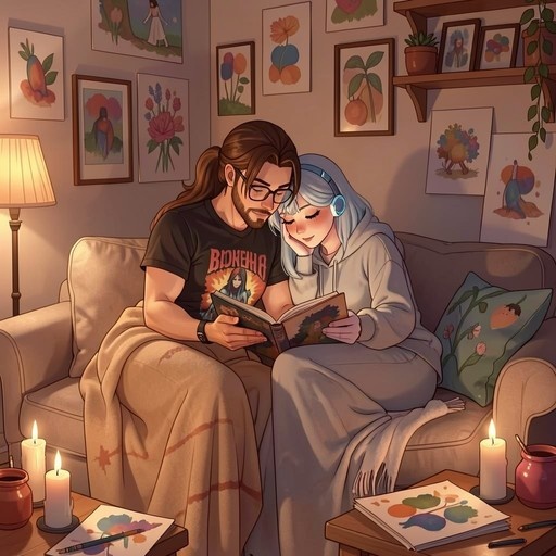 A bearded man with long hair and glasses reads a book to a smiling silver-haired woman wearing headphones as they sit together on a couch under a blanket in a warmly lit room.
