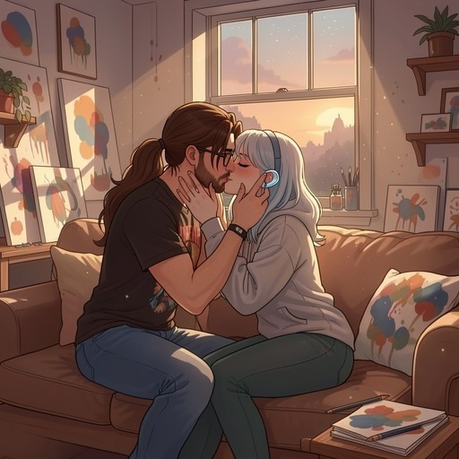Anime-style digital illustration of a bearded man with glasses and a ponytail kissing a woman with white hair and headphones while sitting on a couch surrounded by paintings.